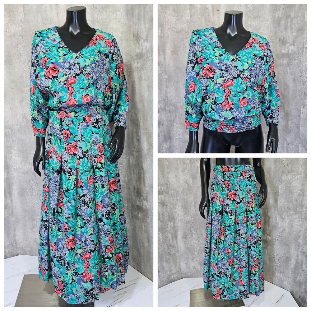 Vintage 70s 80s Irene Kasmer Floral Crepe Batwing Blouse‎ Maxi Skirt Set Outfit
